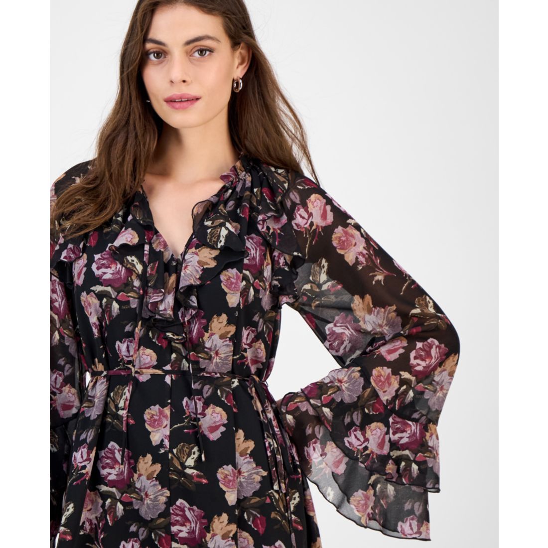 Sam Edelman Women's Flare-Sleeve Ruffled Dark Rose Mini Dress