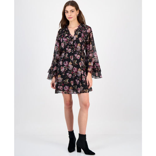 Sam Edelman Women's Flare-Sleeve Ruffled Dark Rose Mini Dress