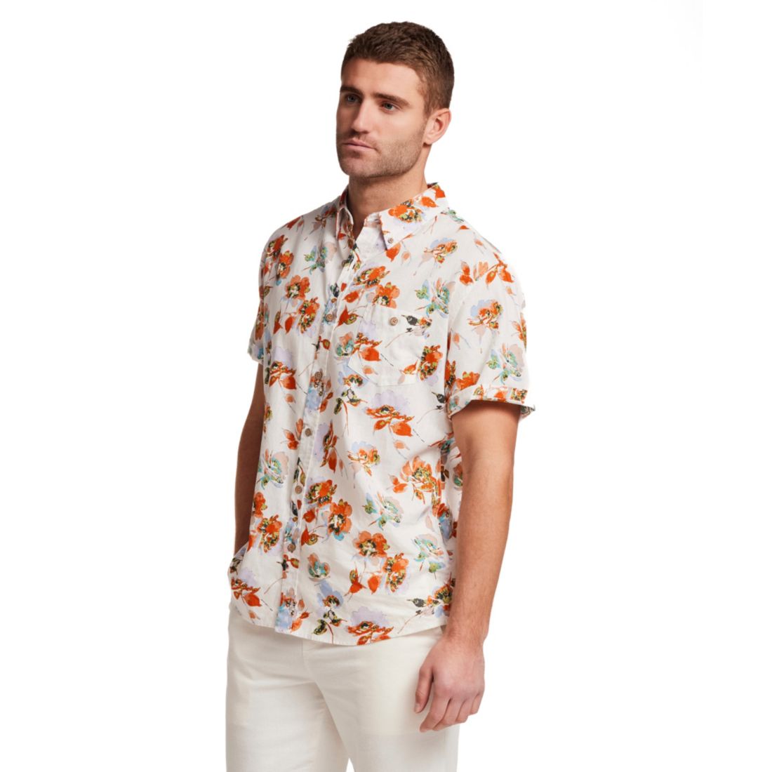 Weatherproof Vintage Men's Short Sleeve Print Linen Cotton Shirt