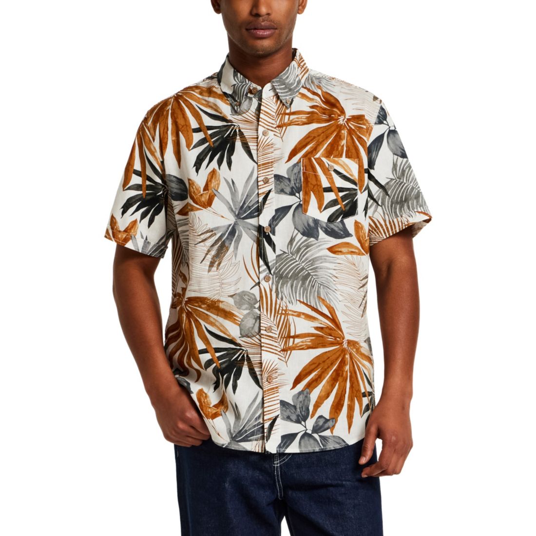 Weatherproof Vintage Men's Short Sleeve Print Linen Cotton Shirt