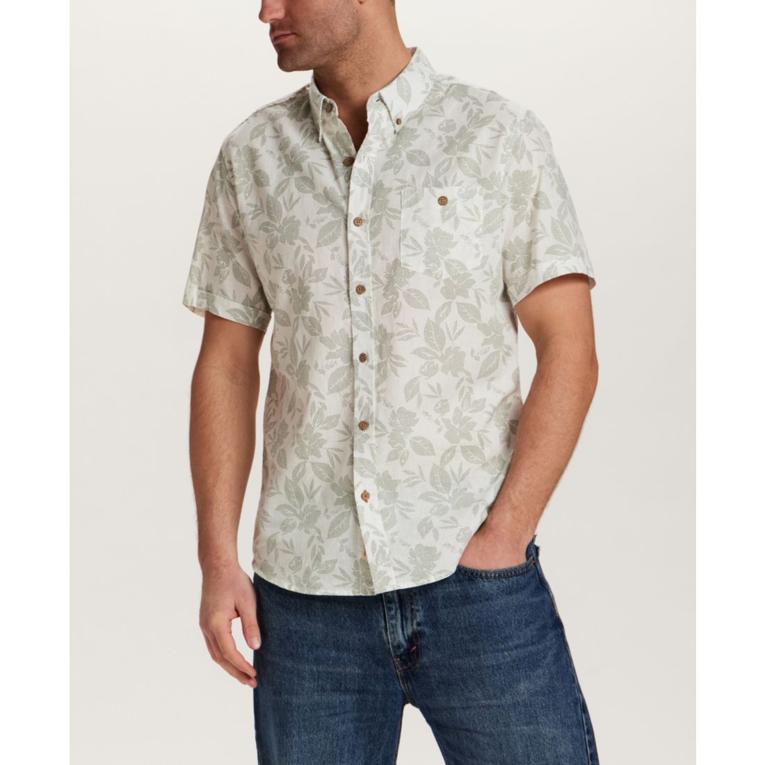 Weatherproof Vintage Men's Short Sleeve Print Linen Cotton Shirt