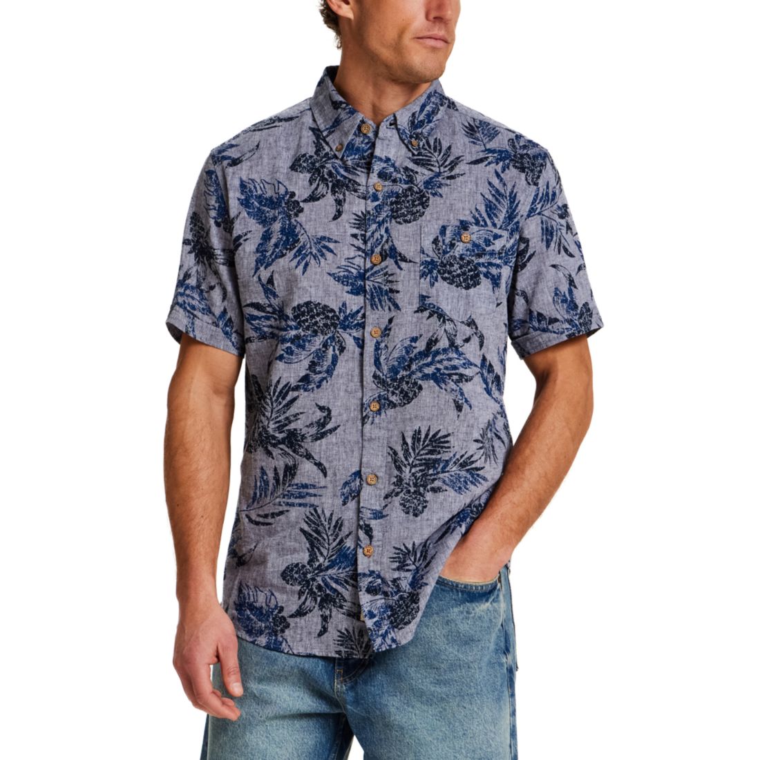 Weatherproof Vintage Men's Short Sleeve Print Linen Cotton Shirt