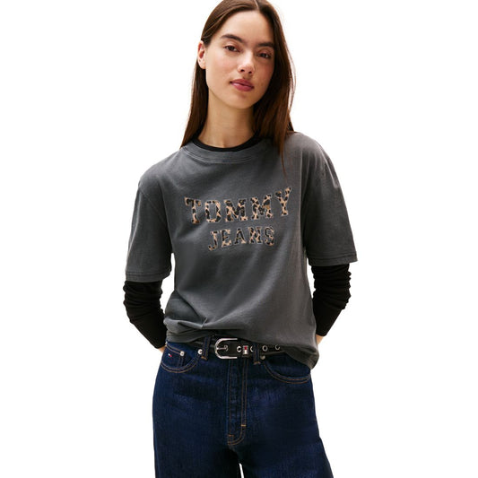 Tommy Jeans Women's Cotton Leopard-Print Logo Varsity T-Shirt