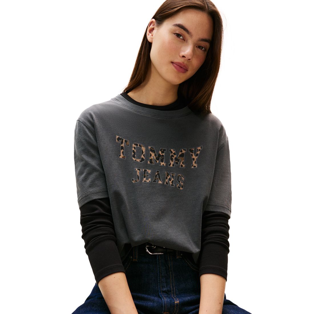 Tommy Jeans Women's Cotton Leopard-Print Logo Varsity T-Shirt