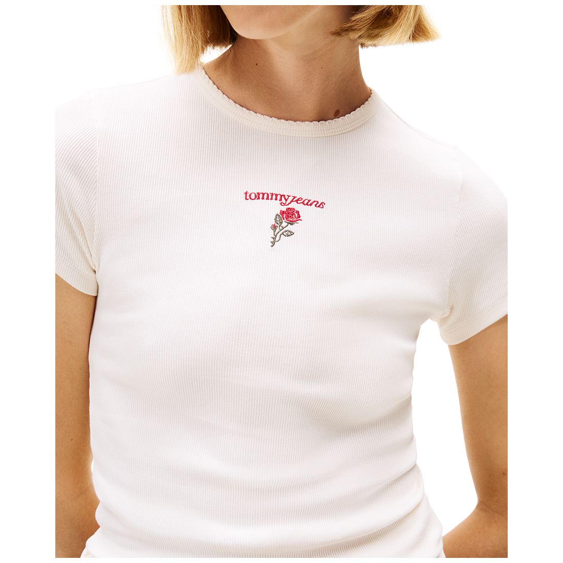 Tommy Jeans Women's Slim Rose Logo Ribbed Short-Sleeve T-Shirt
