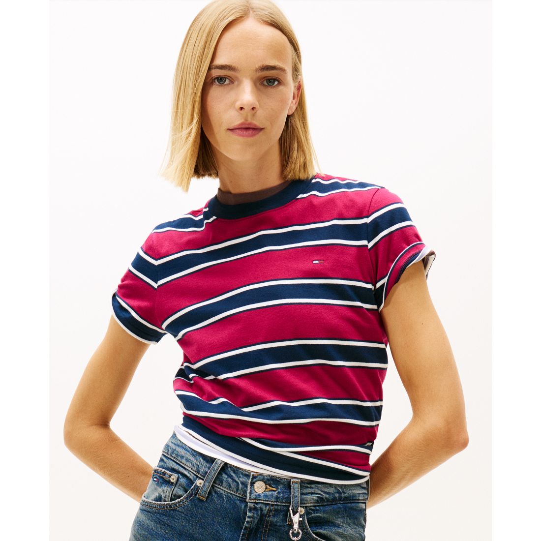 Tommy Jeans Women's Flag Jersey Crewneck T-Shirt - Lavish Cerise / Multi Stripe