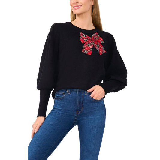 CeCe Women's Plaid Bow Crew Neck Sweater