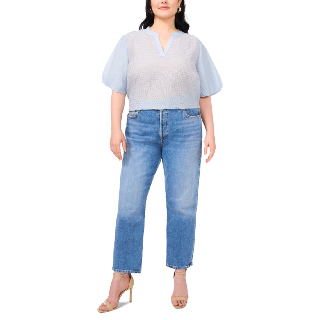 Vince Camuto Plus Size Sequin-Front Balloon-Sleeve Top