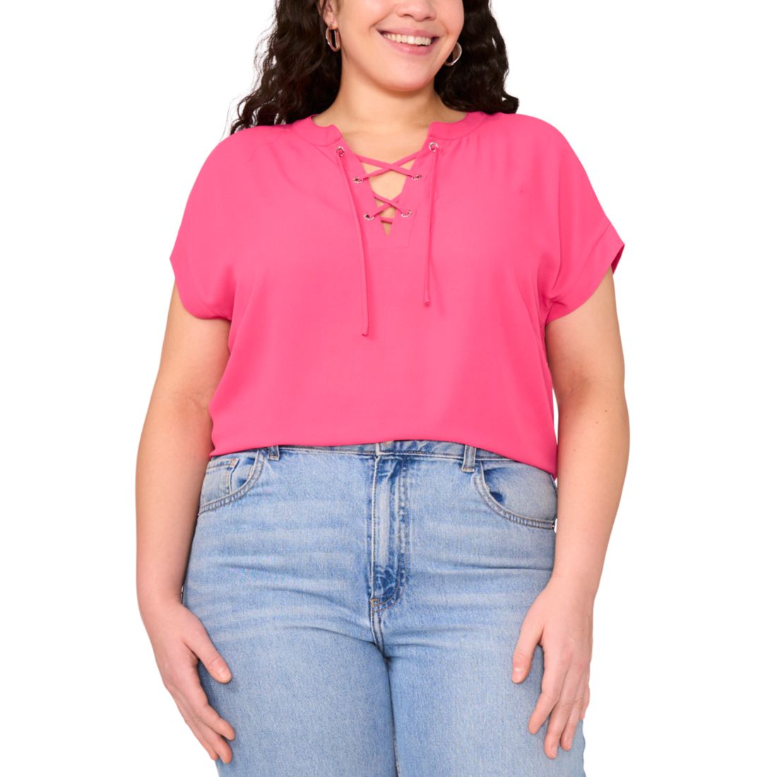 Vince Camuto Plus Size Lace-Up Short-Sleeve Top