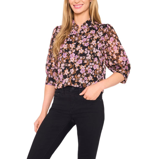 CeCe Women's Ruched Sleeve Hidden Placket Open Collar Top