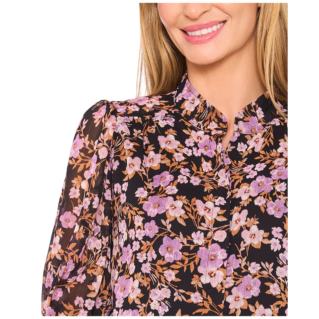 CeCe Women's Ruched Sleeve Hidden Placket Open Collar Top