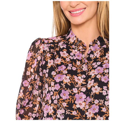 CeCe Women's Ruched Sleeve Hidden Placket Open Collar Top