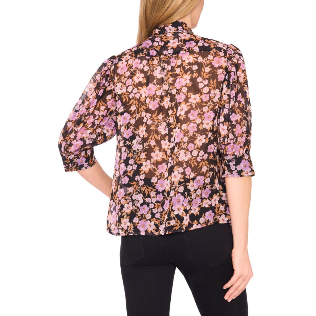 CeCe Women's Ruched Sleeve Hidden Placket Open Collar Top