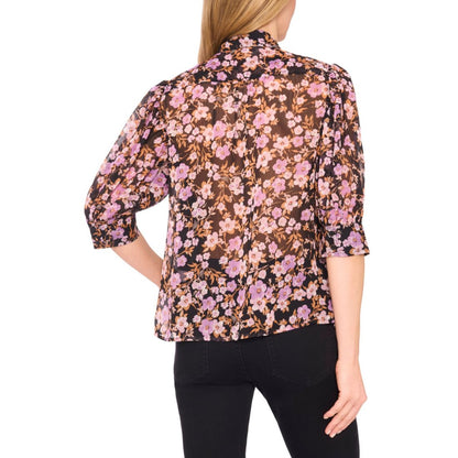 CeCe Women's Ruched Sleeve Hidden Placket Open Collar Top