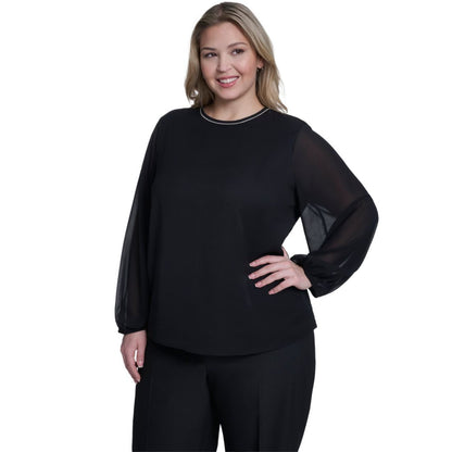 Calvin Klein Plus Size Crew Neck Long-Sleeve Blouse