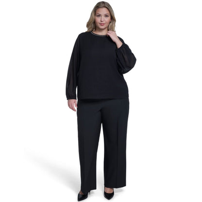 Calvin Klein Plus Size Crew Neck Long-Sleeve Blouse