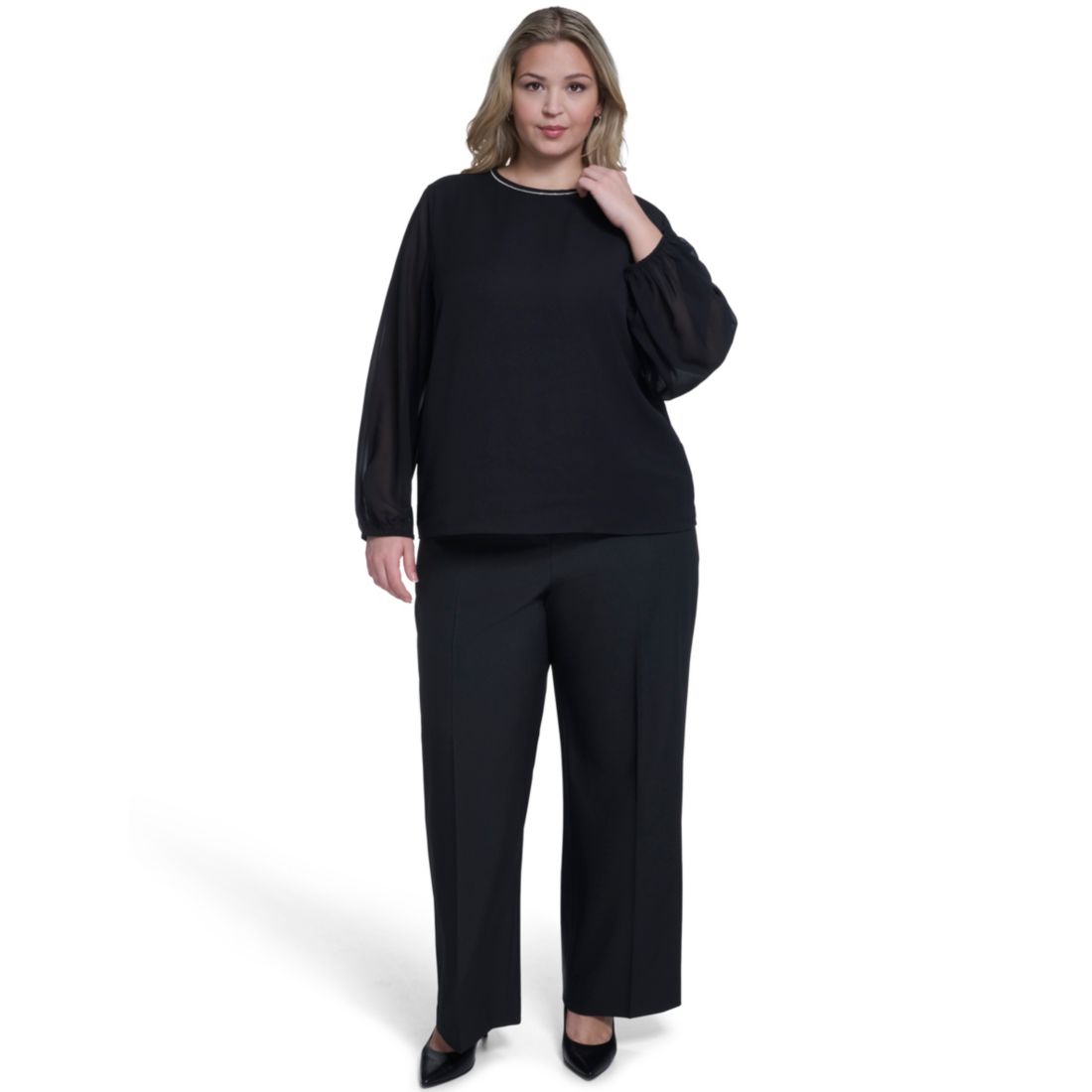 Calvin Klein Plus Size Crew Neck Long-Sleeve Blouse