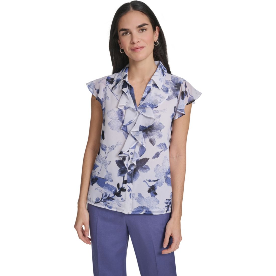 Calvin Klein Women's Printed Cap-Sleeve Ruffle Front Top