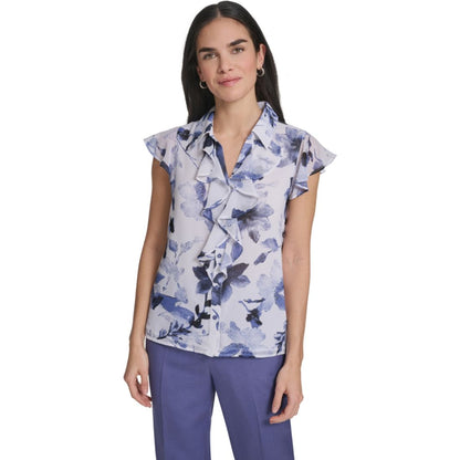 Calvin Klein Women's Printed Cap-Sleeve Ruffle Front Top