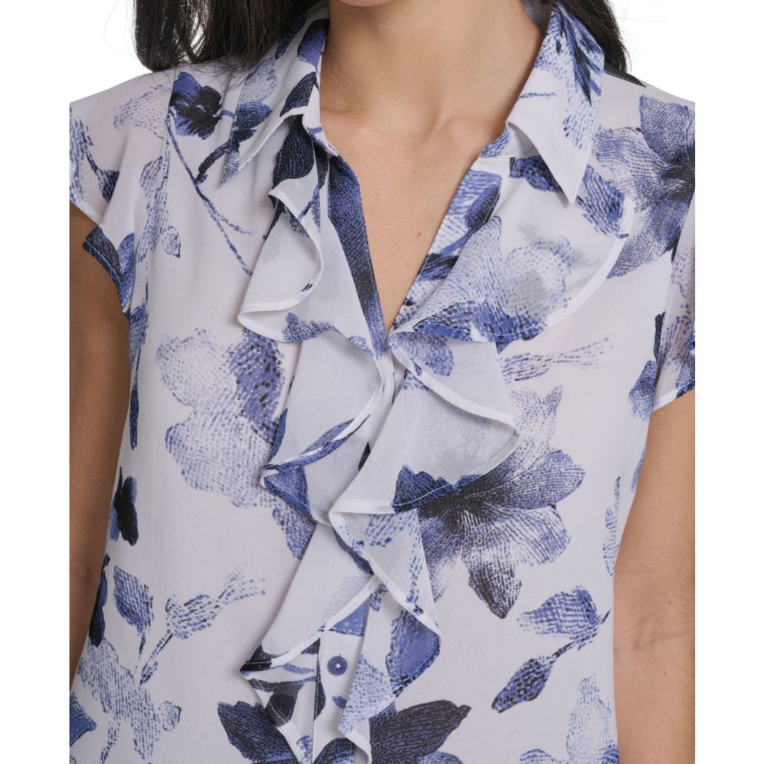 Calvin Klein Women's Printed Cap-Sleeve Ruffle Front Top
