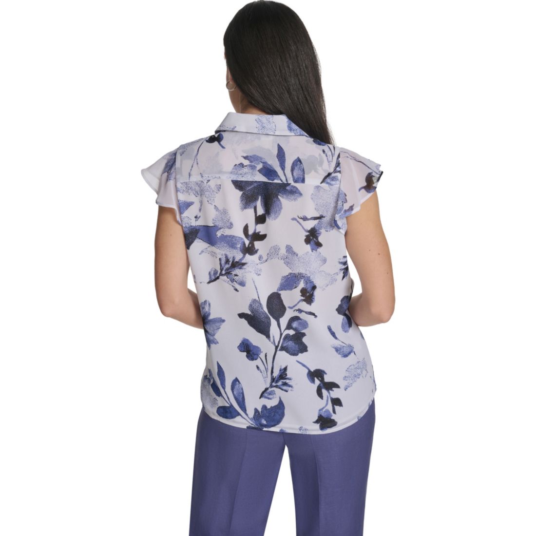 Calvin Klein Women's Printed Cap-Sleeve Ruffle Front Top