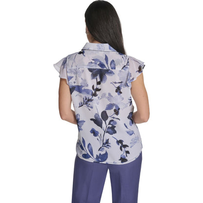 Calvin Klein Women's Printed Cap-Sleeve Ruffle Front Top