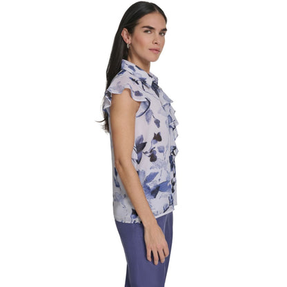 Calvin Klein Women's Printed Cap-Sleeve Ruffle Front Top