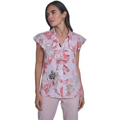 Calvin Klein Women's Printed Cap-Sleeve Ruffle Front Top