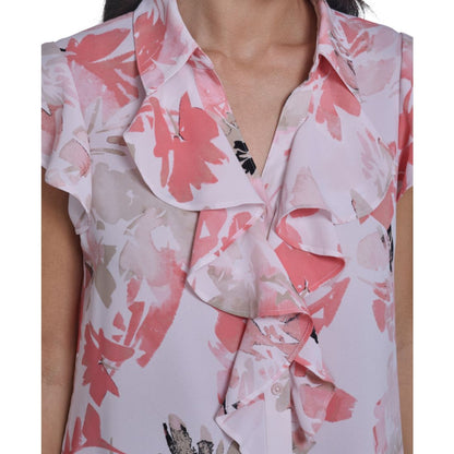 Calvin Klein Women's Printed Cap-Sleeve Ruffle Front Top