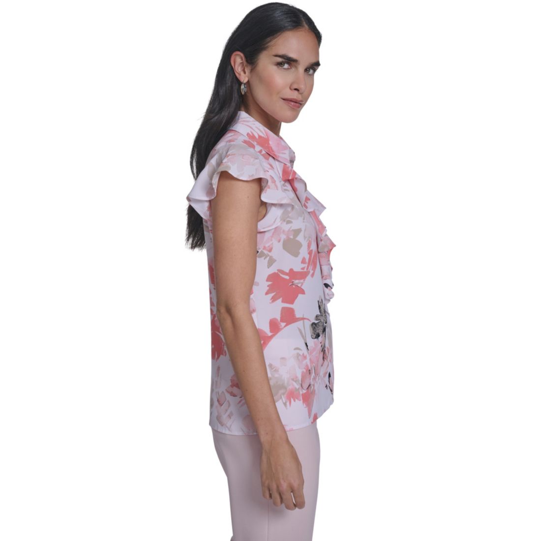 Calvin Klein Women's Printed Cap-Sleeve Ruffle Front Top