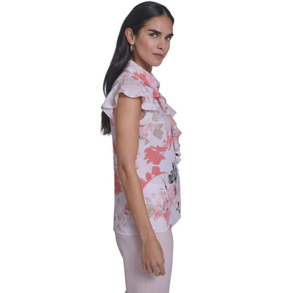 Calvin Klein Women's Printed Cap-Sleeve Ruffle Front Top