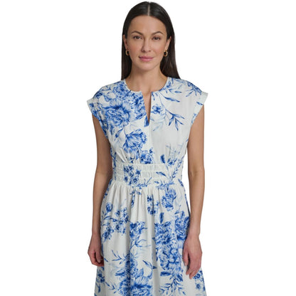 Calvin Klein Women's Floral Smocked V-Neck A-Line Midi Dress