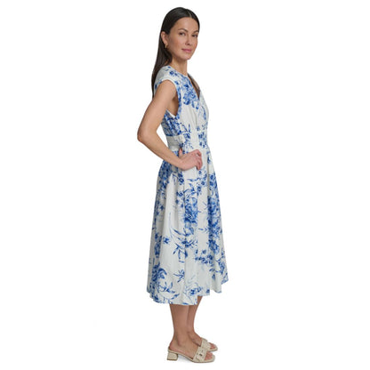 Calvin Klein Women's Floral Smocked V-Neck A-Line Midi Dress