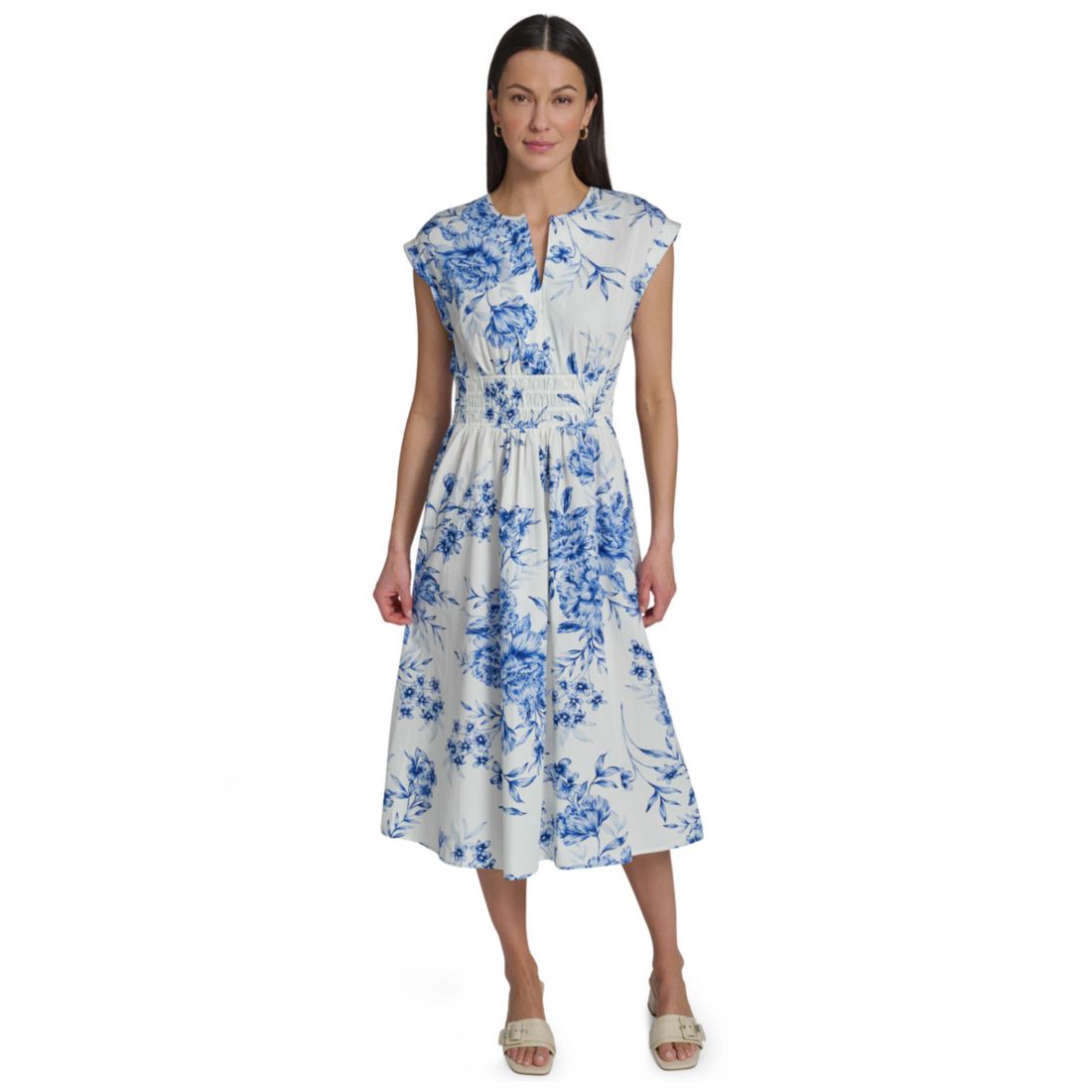 Calvin Klein Women's Floral Smocked V-Neck A-Line Midi Dress