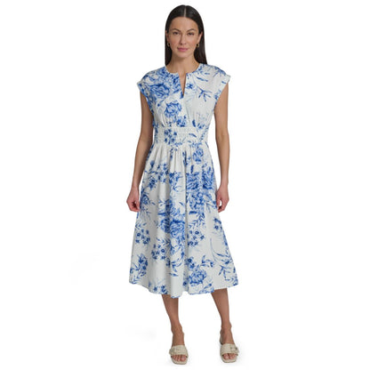 Calvin Klein Women's Floral Smocked V-Neck A-Line Midi Dress