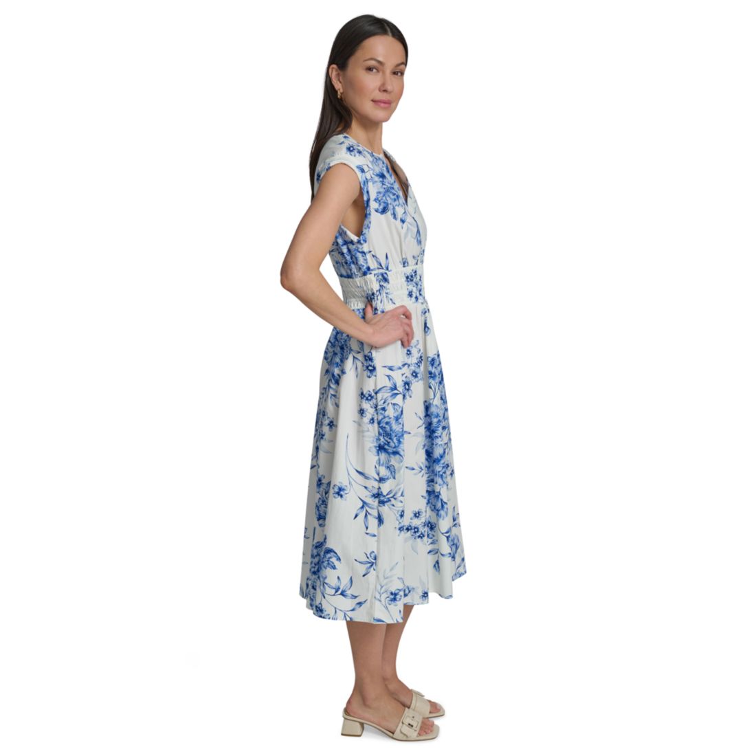 Calvin Klein Women's Floral Smocked V-Neck A-Line Midi Dress