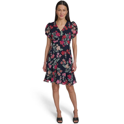 Calvin Klein Women's Puff-Sleeve Printed V-Neck Chiffon Dress