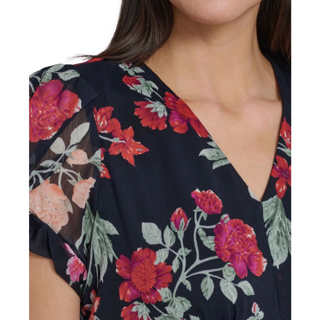 Calvin Klein Women's Puff-Sleeve Printed V-Neck Chiffon Dress