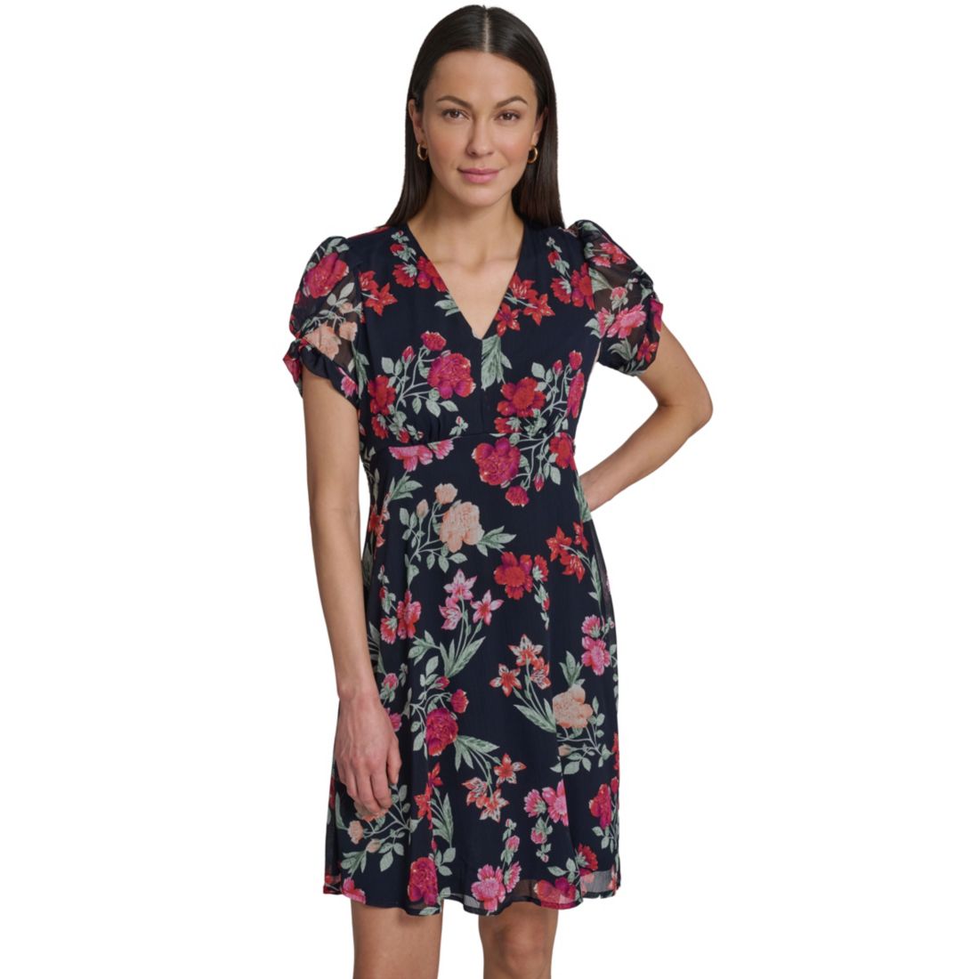 Calvin Klein Women's Puff-Sleeve Printed V-Neck Chiffon Dress