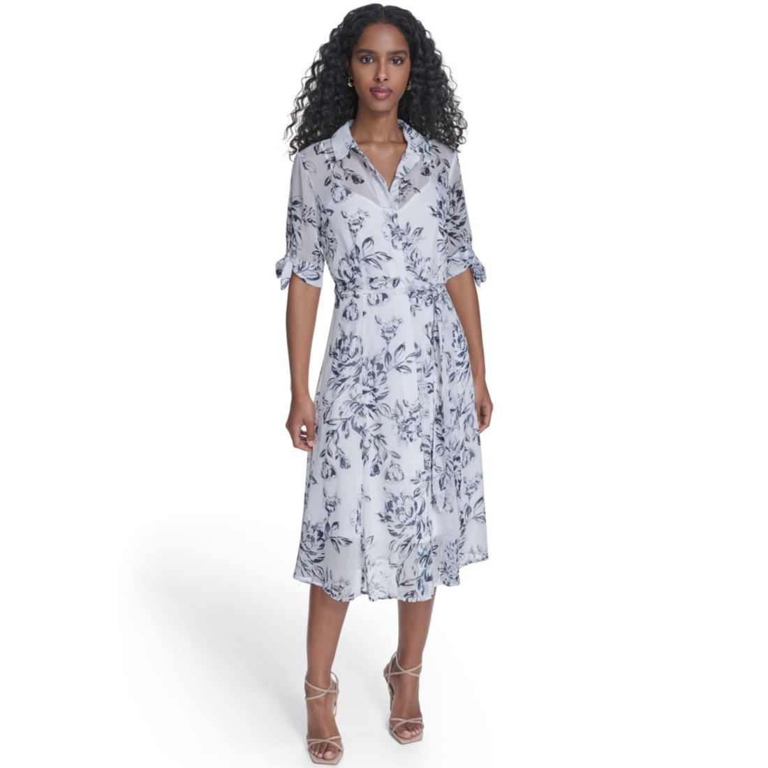 Calvin Klein Women's Tie-Sleeve Printed Midi Dress