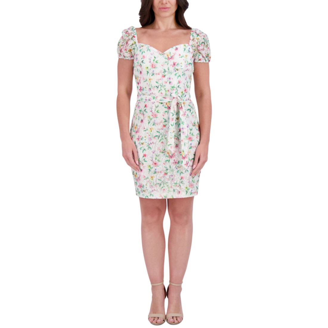 kensie Women's Floral-Print Lace Sweetheart Dress