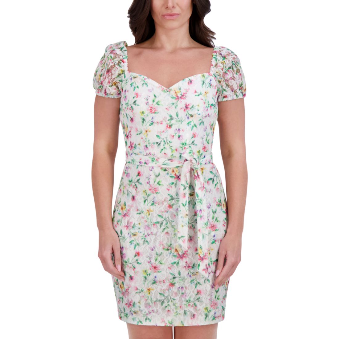 kensie Women's Floral-Print Lace Sweetheart Dress
