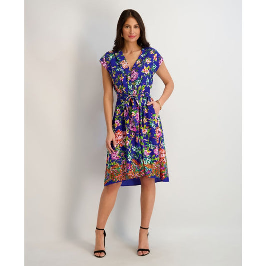 kensie Women's Printed V-Neck Smocked-Back A-Line Dress