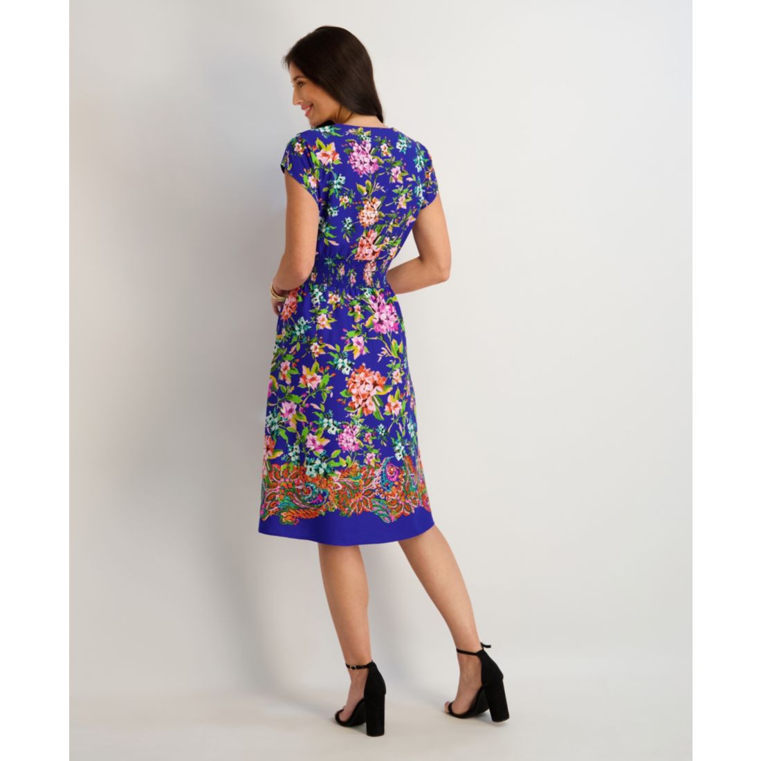 kensie Women's Printed V-Neck Smocked-Back A-Line Dress