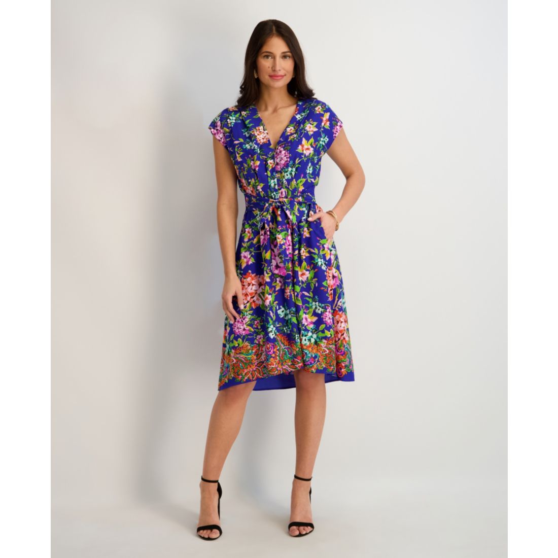 kensie Women's Printed V-Neck Smocked-Back A-Line Dress