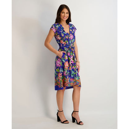 kensie Women's Printed V-Neck Smocked-Back A-Line Dress