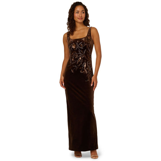 Adrianna Papell Women's Velvet Beaded Long Dress