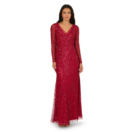 Adrianna Papell Women's Long-Sleeve Beaded Full-Length Gown