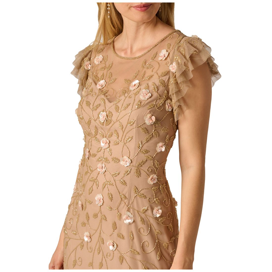 Adrianna Papell Women's Bead Mesh Godet Crew Neck Gown