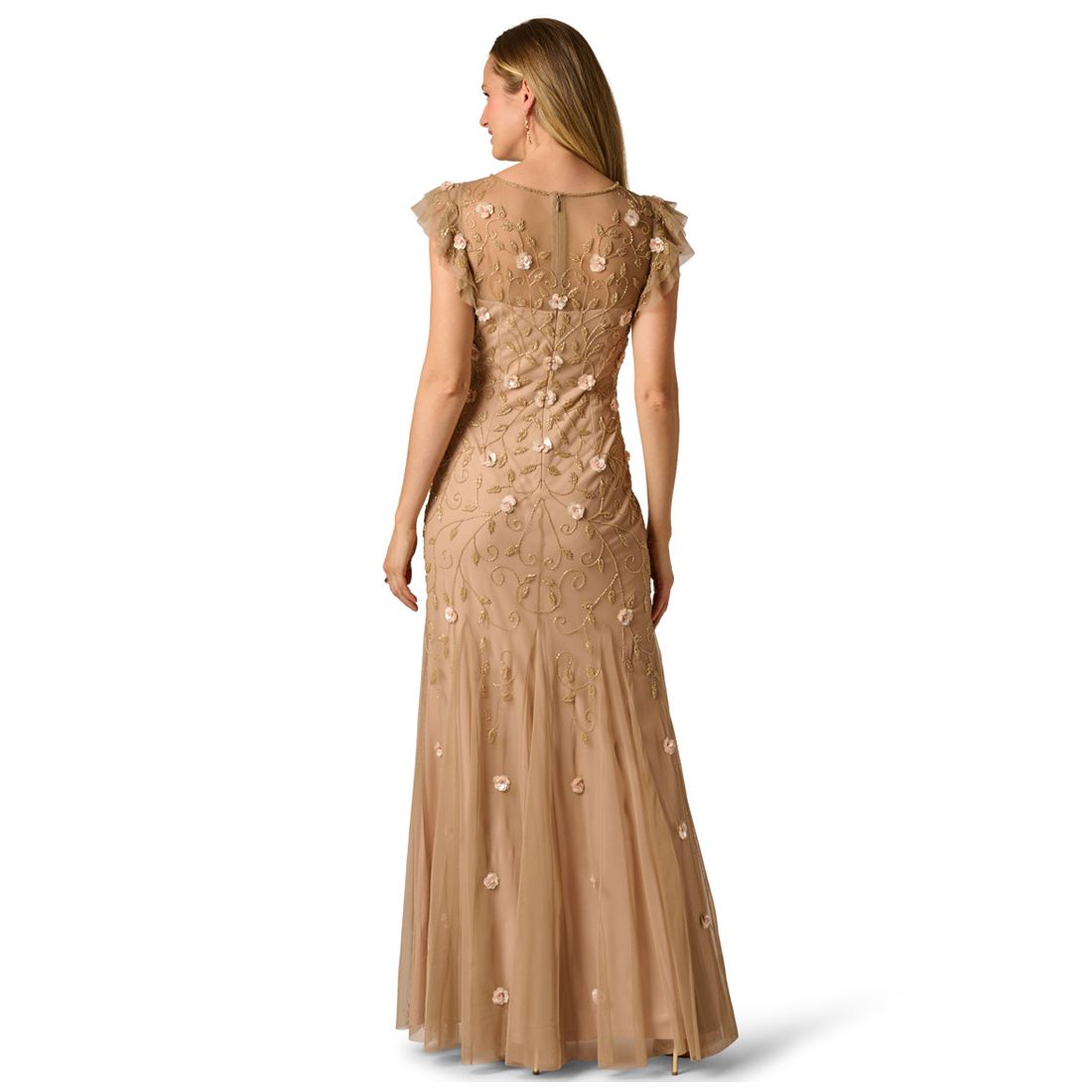Adrianna Papell Women's Bead Mesh Godet Crew Neck Gown